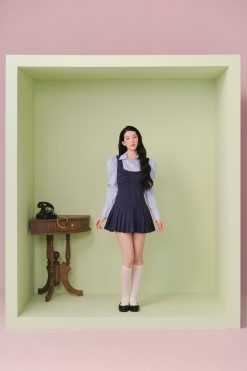 Váy hai dây cổ vuông Navy Cotton Striped Pinafore Pleated Mini Dress